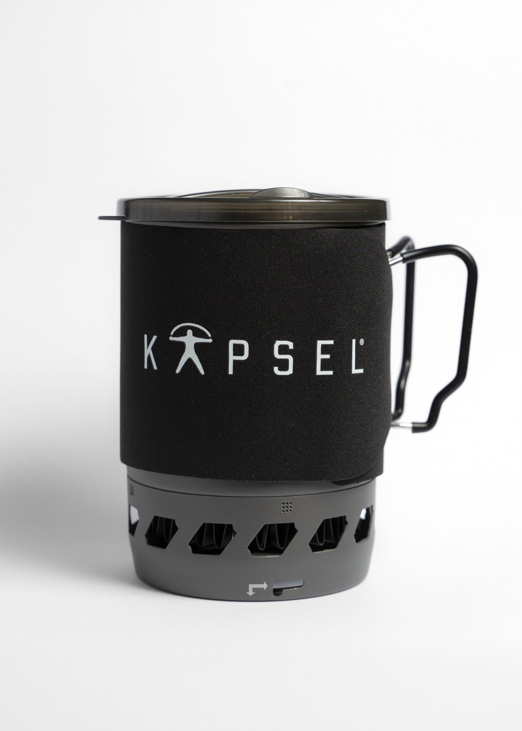 Black KAPSEL 1.1L Compact Gas Stove with handle on a white background