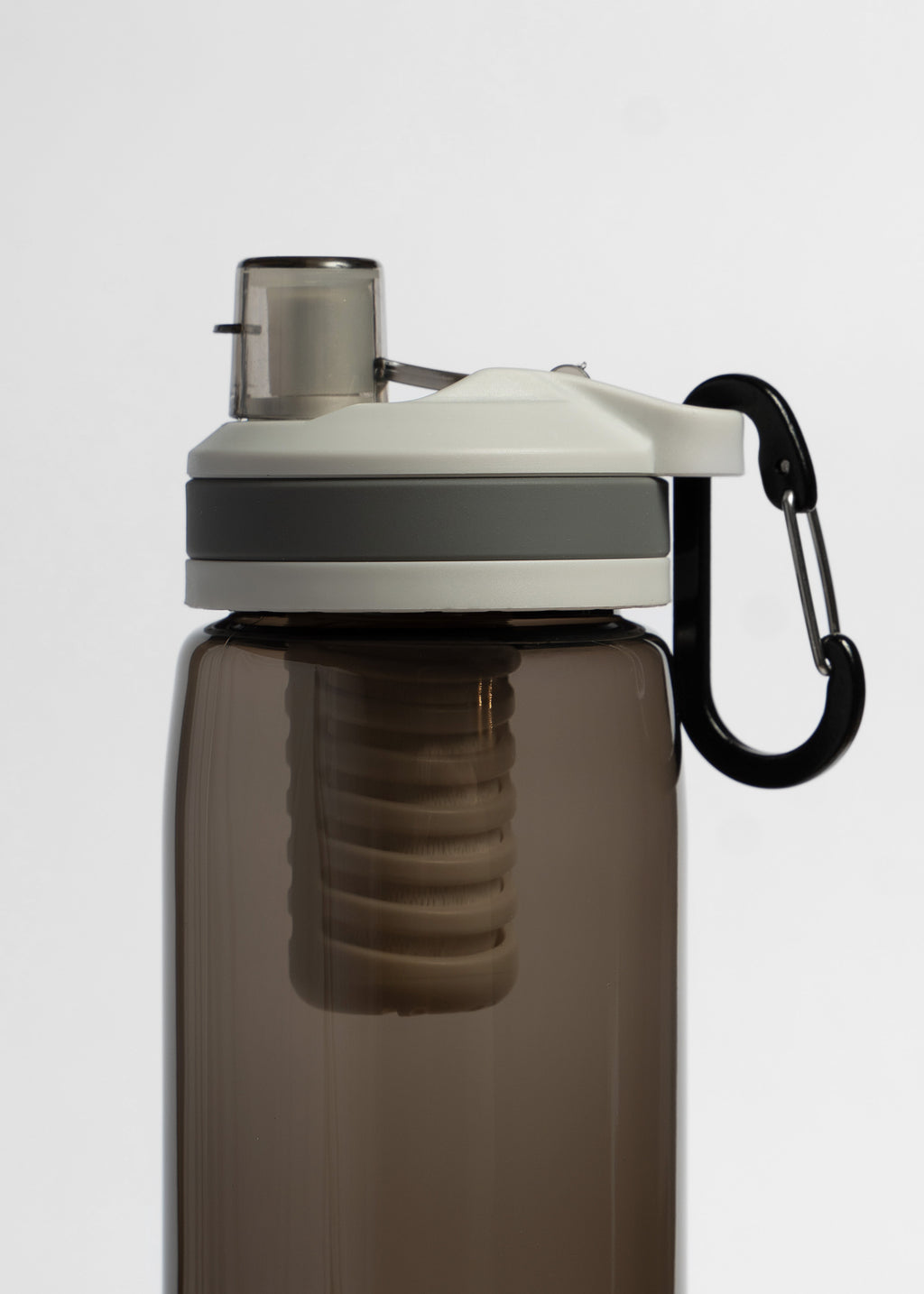 Black filter water bottle with a white cap and black carabiner on a light gray background