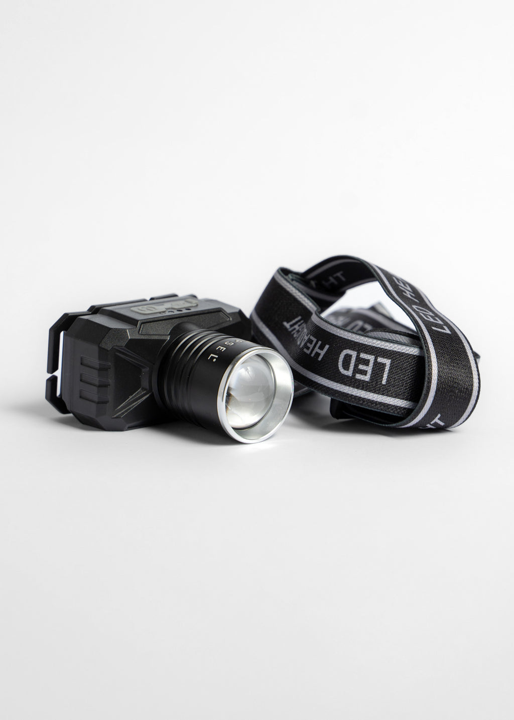 Black LED headlamp on a white background
