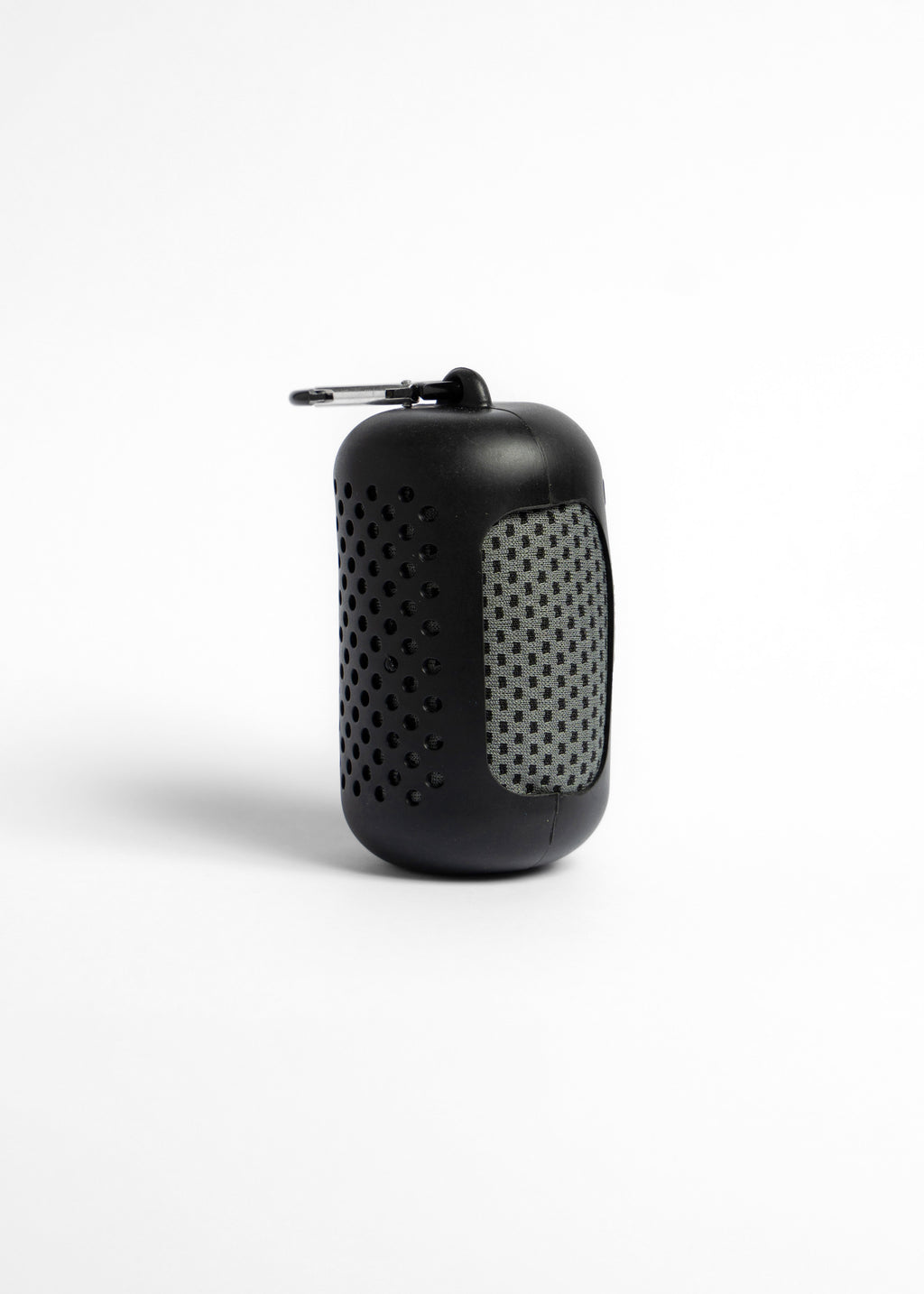 Black portable Micro Fiber Towel with a keychain on a white background