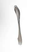 Stainless steel fork, spoon and knife on a white background