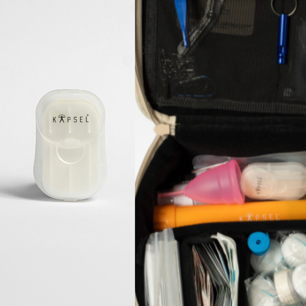 Soap sheets and menstrual cup on top